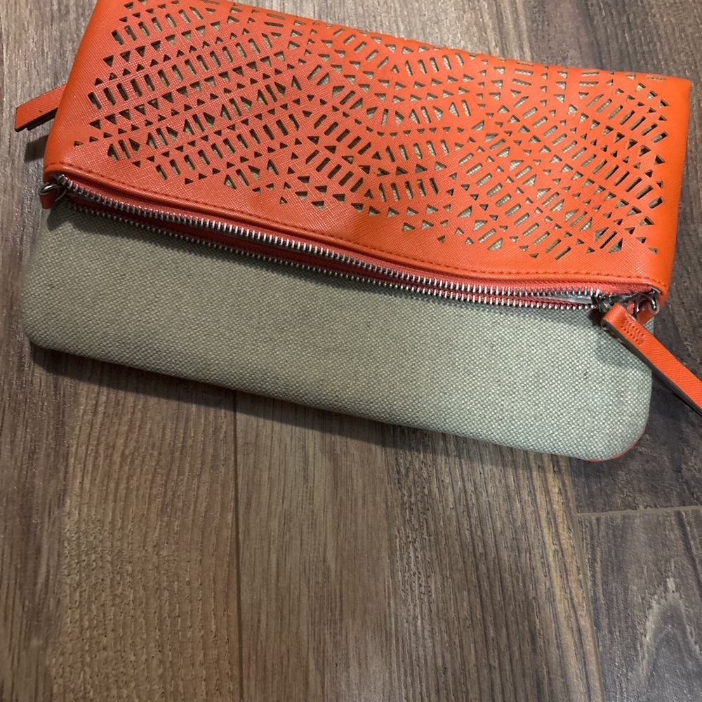 Stella & Dot Orange Laser-Cut Canvas Foldover Clutch